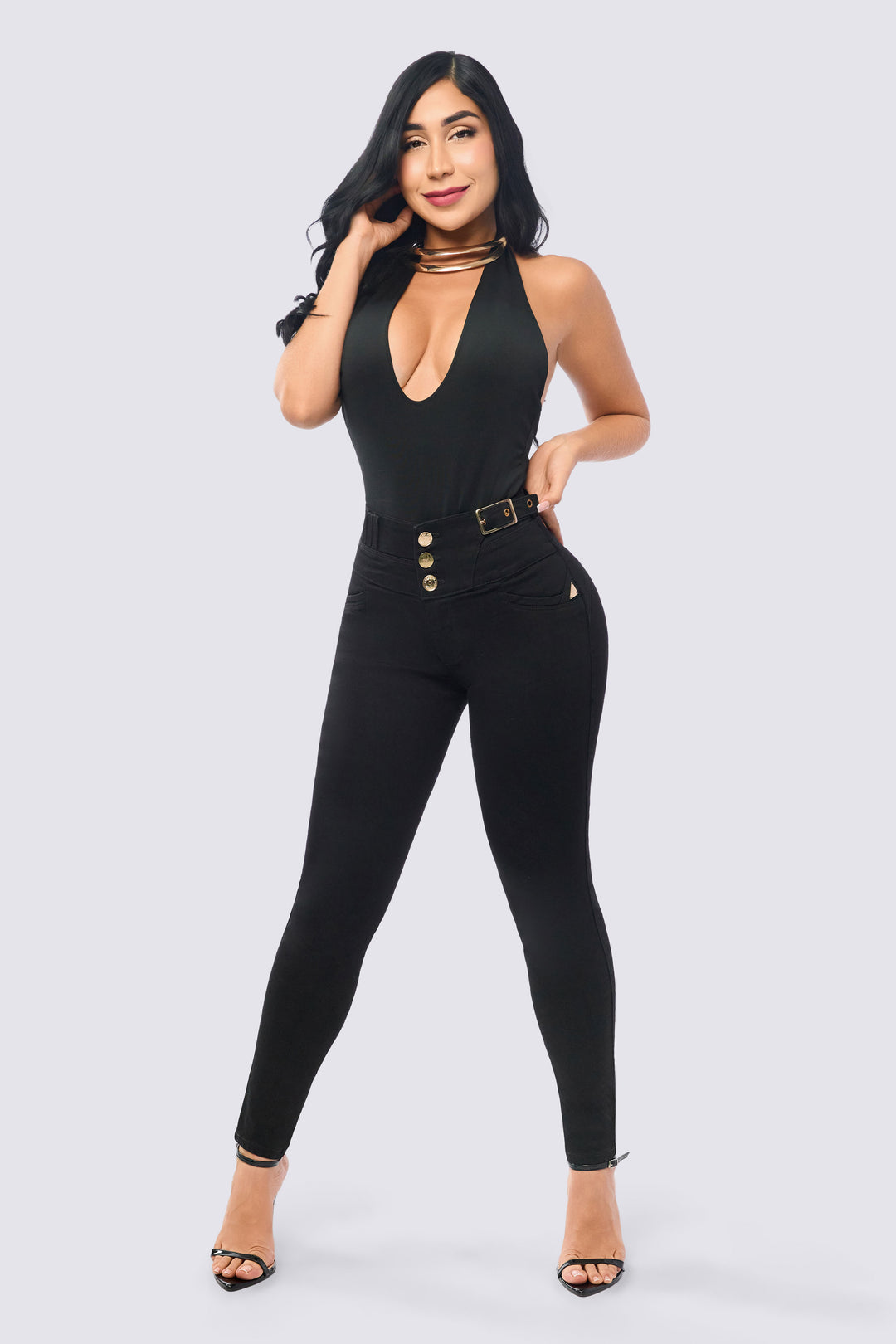 SKINNY JEANS LEVANTA COLA NEGRO 7079-N